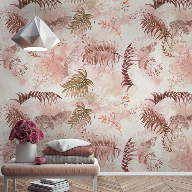 Pink Leaf and Blossom Wallpaper Mural