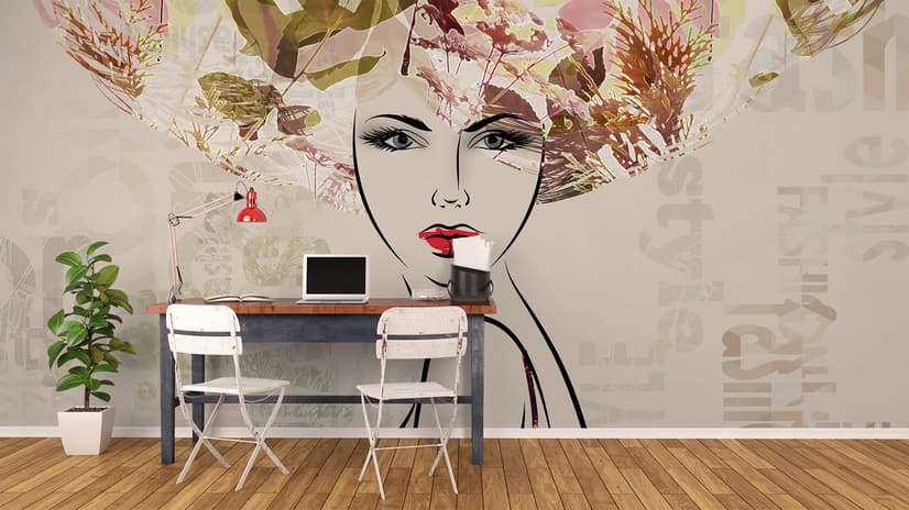 Woman Face Art with Winter Leaf Wallpaper Mural