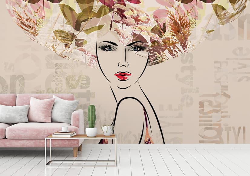 Woman Face Art with Winter Leaf Wallpaper Mural