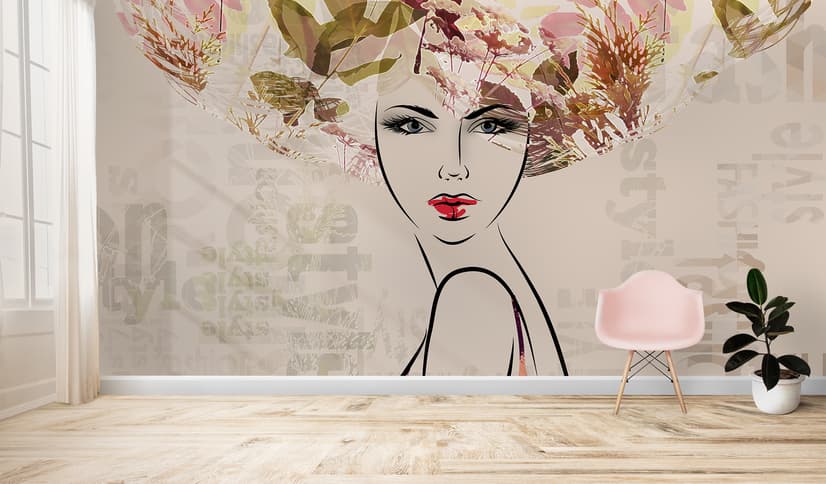 Woman Face Art with Winter Leaf Wallpaper Mural
