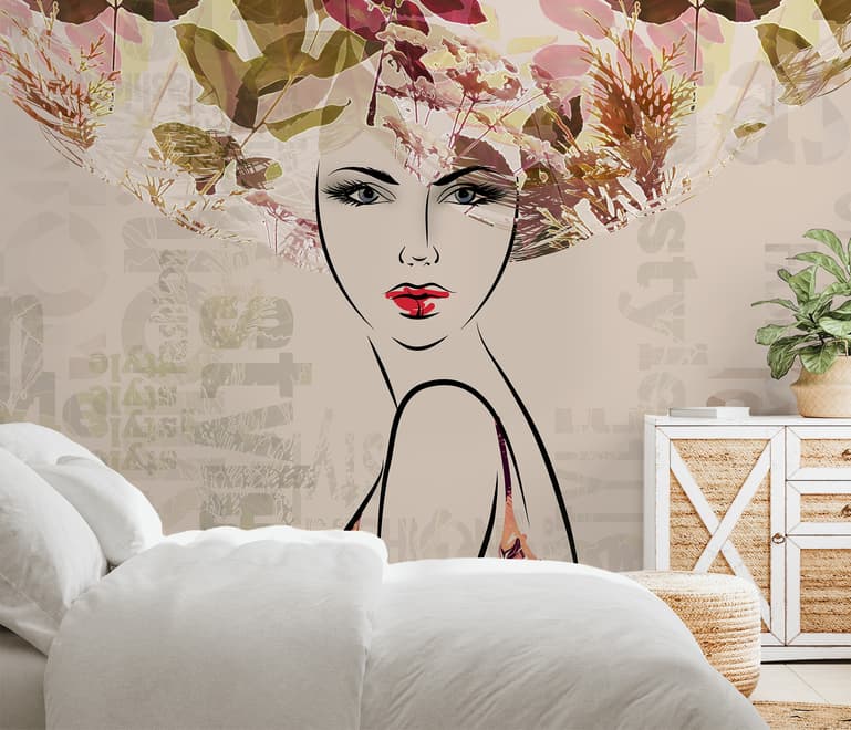 Woman Face Art with Winter Leaf Wallpaper Mural