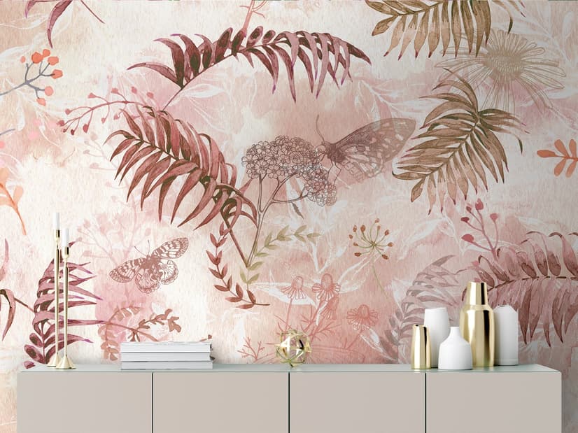 Pink Leaf and Blossom Wallpaper Mural