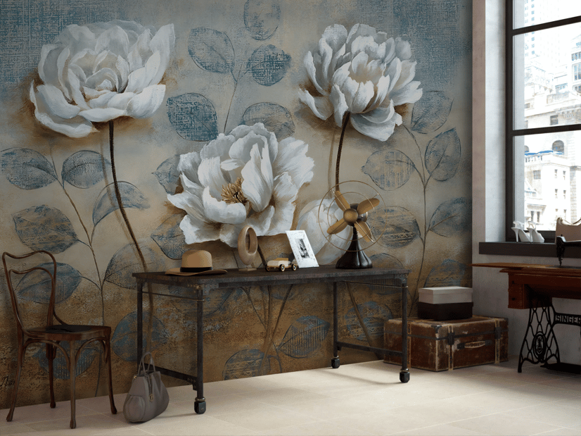 Papier peint panoramique floral pivoine peinture à l'huile vintage 