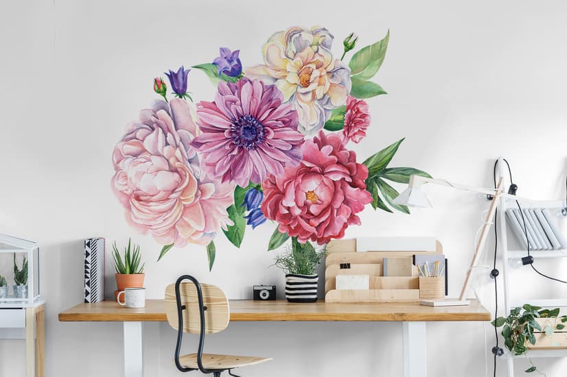 Stickers muraux bouquet floral de pivoine tulipe marguerite rose aquarelle