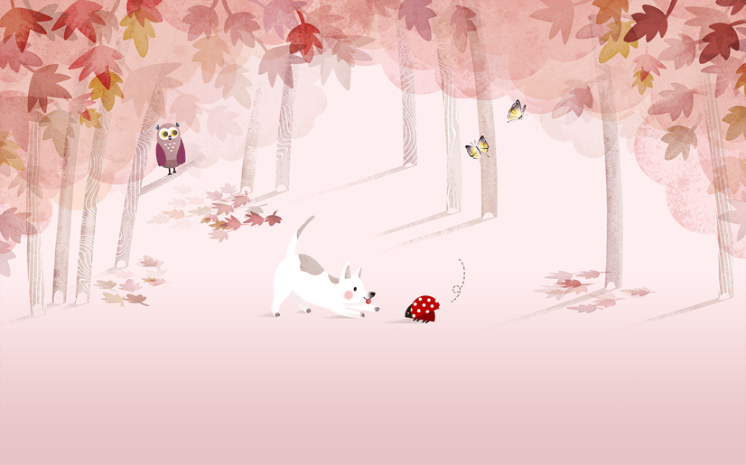 Pink Forest with Cats and Owl Wallpaper Mural