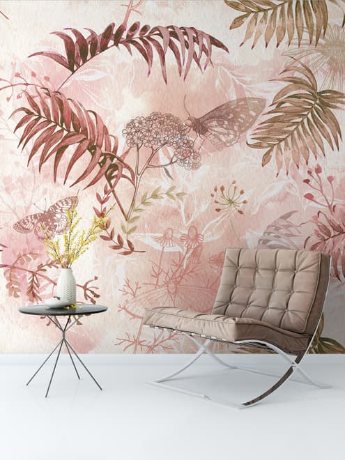Pink Leaf and Blossom Wallpaper Mural