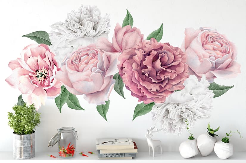Aquarell Wandtattoo: Rosa und Weiße Pfingstrosenblumenstrauß mit Rosenknospe