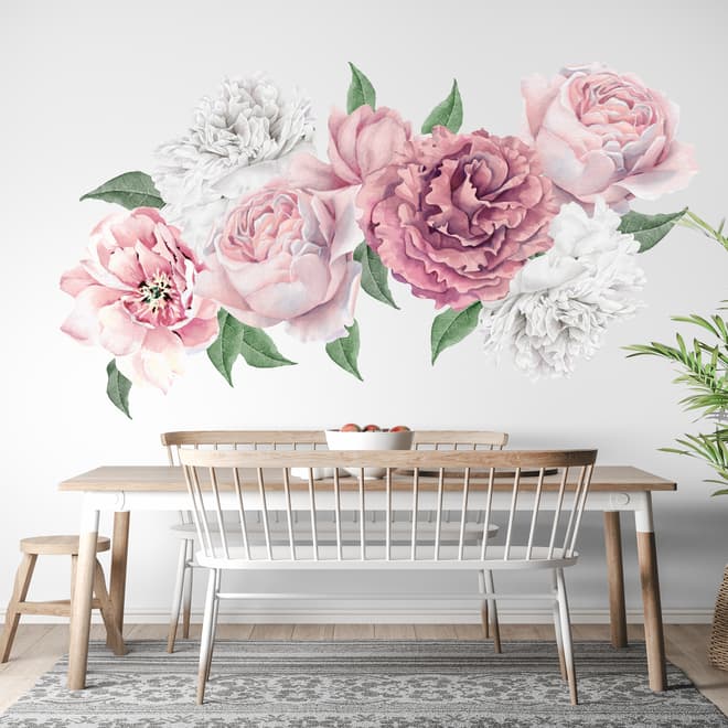 Aquarell Wandtattoo: Rosa und Weiße Pfingstrosenblumenstrauß mit Rosenknospe
