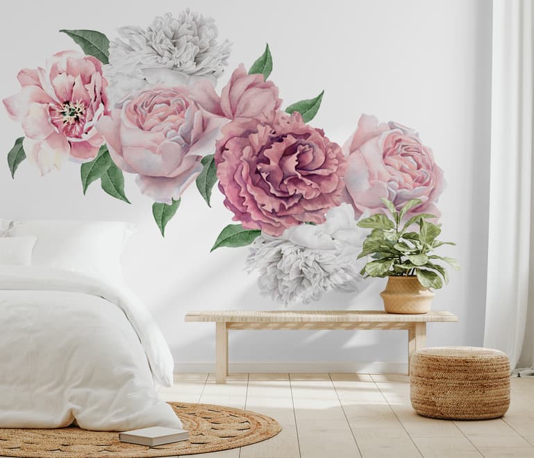 Aquarell Wandtattoo: Rosa und Weiße Pfingstrosenblumenstrauß mit Rosenknospe