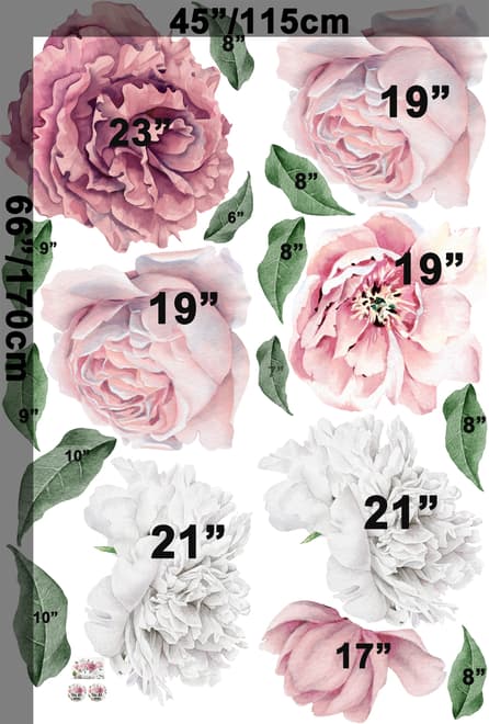 Aquarell Wandtattoo: Rosa und Weiße Pfingstrosenblumenstrauß mit Rosenknospe