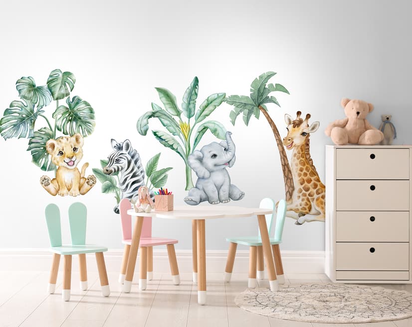 Kids Cute Safari Animal with Tropical Trees Wall Decal Sticker