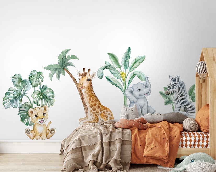 Kids Cute Safari Animal with Tropical Trees Wall Decal Sticker