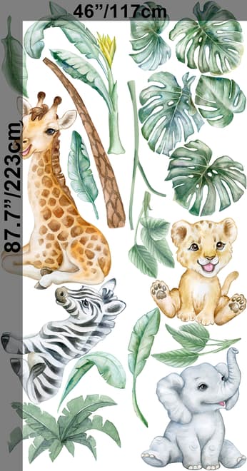 Kids Cute Safari Animal with Tropical Trees Wall Decal Sticker