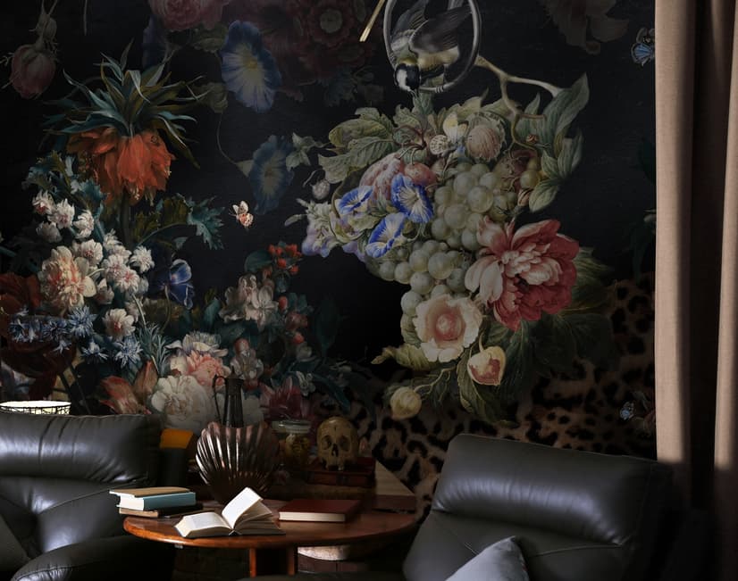 Papier peint panoramique hollandais foncé Bouquet floral avec oiseaux