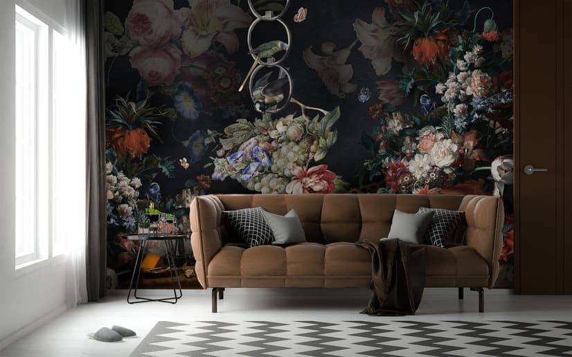 Papier peint panoramique hollandais foncé Bouquet floral avec oiseaux