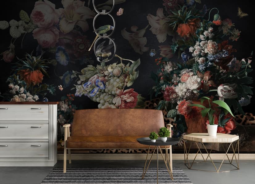 Papier peint panoramique hollandais foncé Bouquet floral avec oiseaux