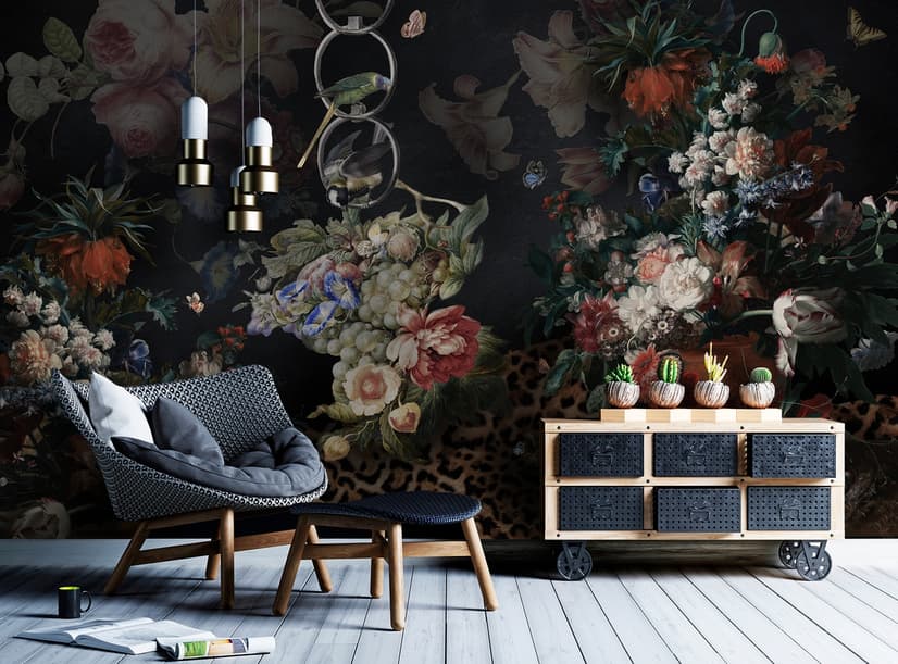 Papier peint panoramique hollandais foncé Bouquet floral avec oiseaux