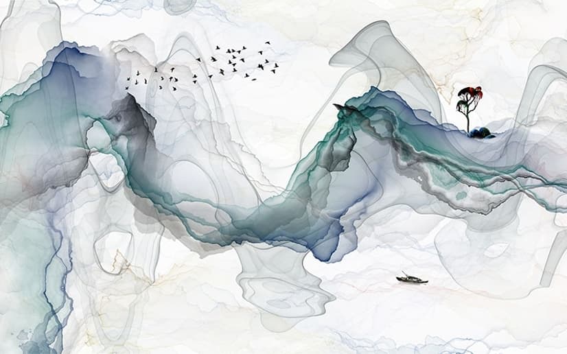 Papier peint panoramique abstrait de fumée colorée et d'arbres