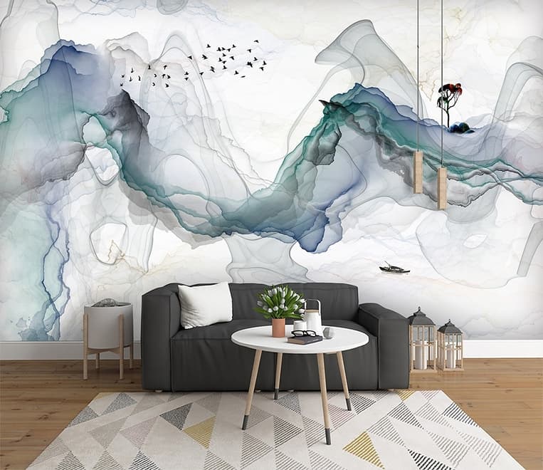Papier peint panoramique abstrait de fumée colorée et d'arbres