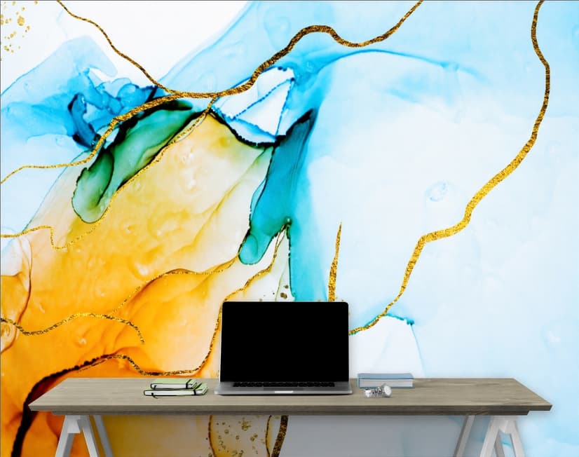 Blue Yellow Watercolor Brush with Modern Lines Wallpaper Mural