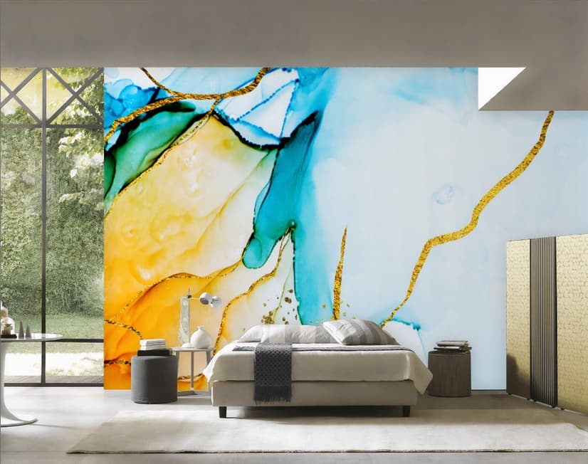 Blue Yellow Watercolor Brush with Modern Lines Wallpaper Mural