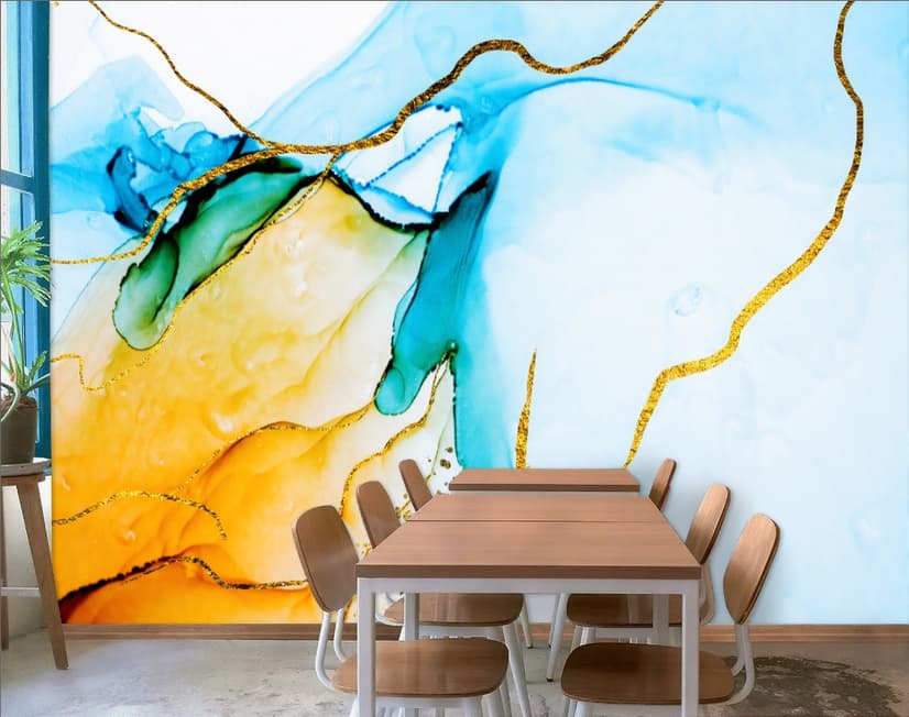 Blue Yellow Watercolor Brush with Modern Lines Wallpaper Mural