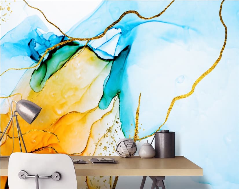 Blue Yellow Watercolor Brush with Modern Lines Wallpaper Mural