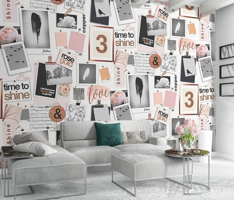 Bunte Fototapete mit Bildertafel