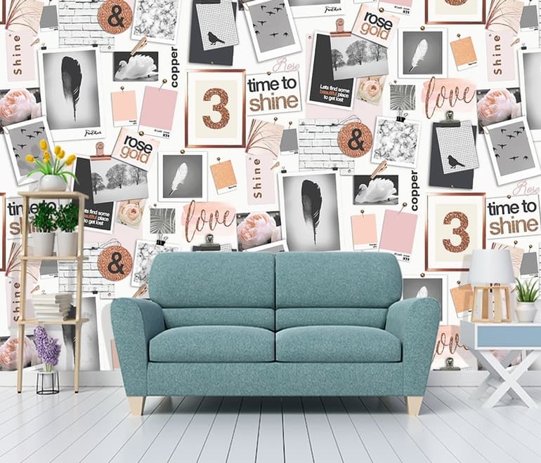 Bunte Fototapete mit Bildertafel