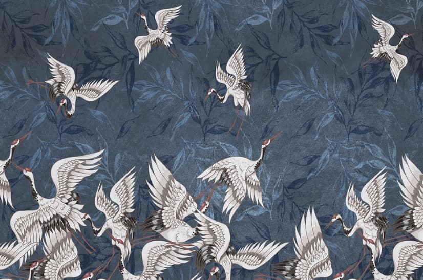 Fototapete Dunkelblaue Blätter im Grunge-Stil mit Kranichen