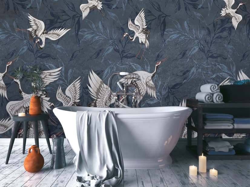 Fototapete Dunkelblaue Blätter im Grunge-Stil mit Kranichen
