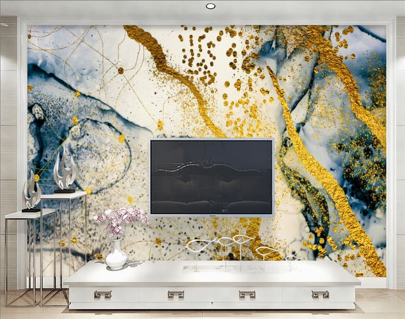 Dark Blue Ocean Brushes with Gold Style Waves Wallpaper Mural