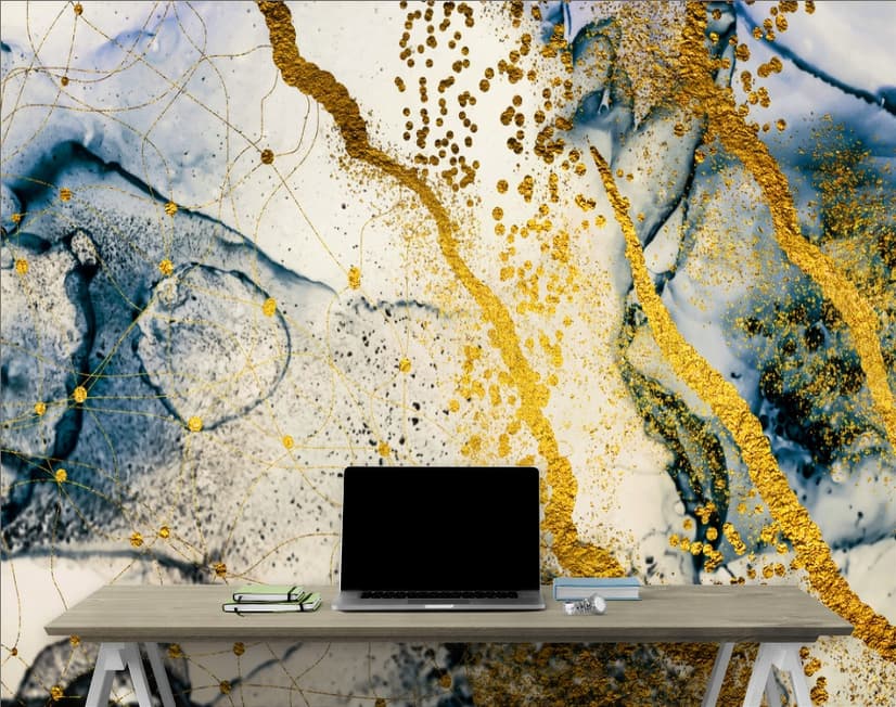 Dark Blue Ocean Brushes with Gold Style Waves Wallpaper Mural