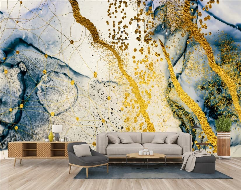 Dark Blue Ocean Brushes with Gold Style Waves Wallpaper Mural