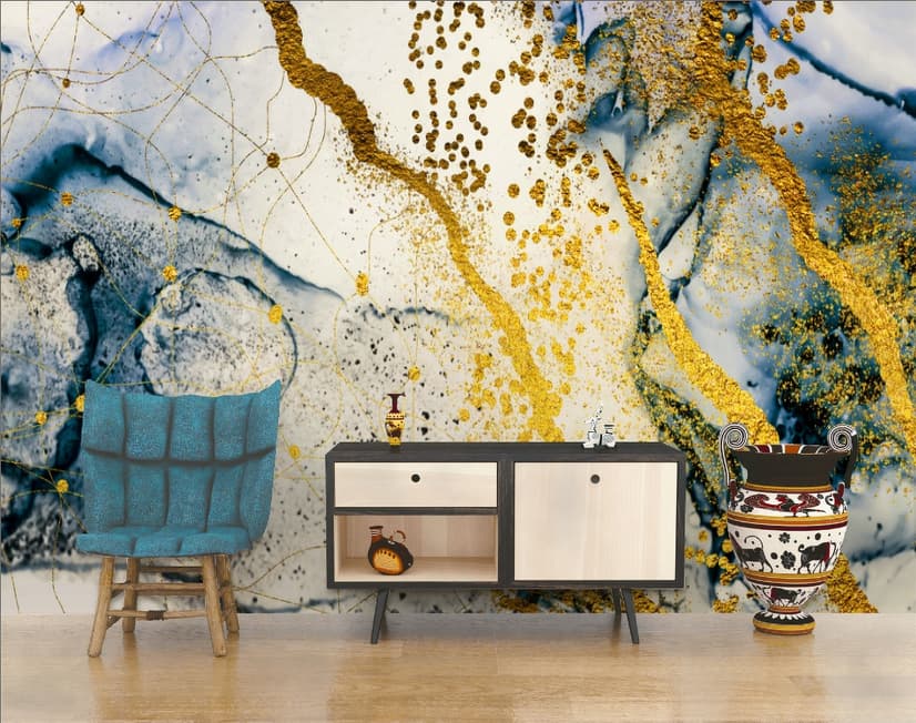 Dark Blue Ocean Brushes with Gold Style Waves Wallpaper Mural