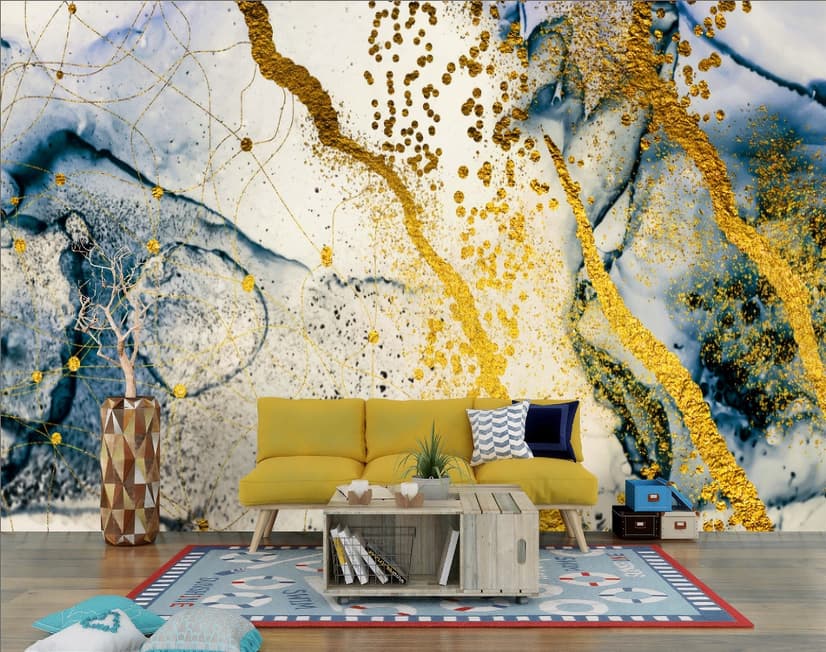 Dark Blue Ocean Brushes with Gold Style Waves Wallpaper Mural