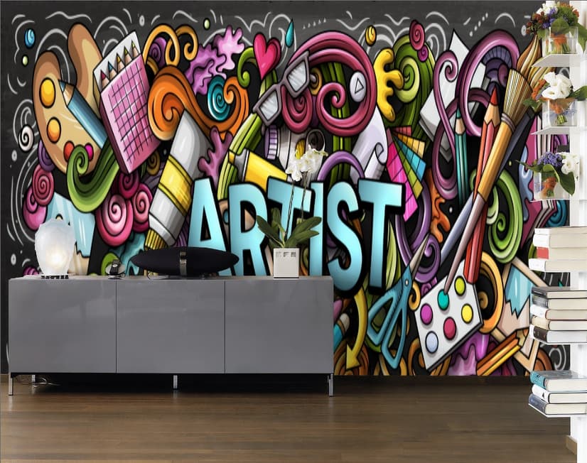 Drawing Graffiti Artist with Colorful Painting Wallpaper Mural