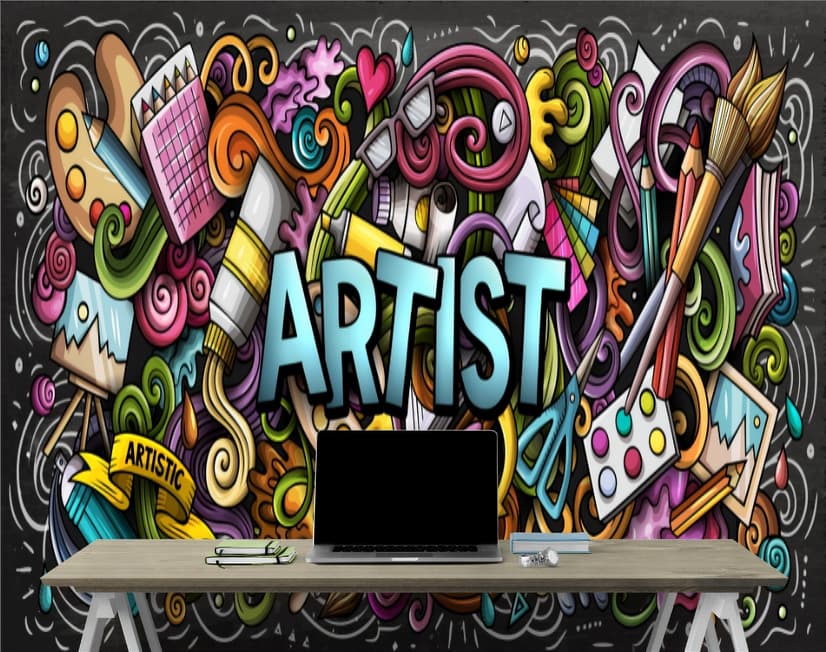 Drawing Graffiti Artist with Colorful Painting Wallpaper Mural