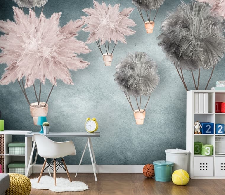 Gray Pink Feather Hot Air Balloon Wallpaper Mural