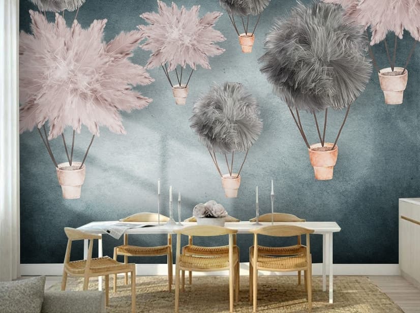 Gray Pink Feather Hot Air Balloon Wallpaper Mural