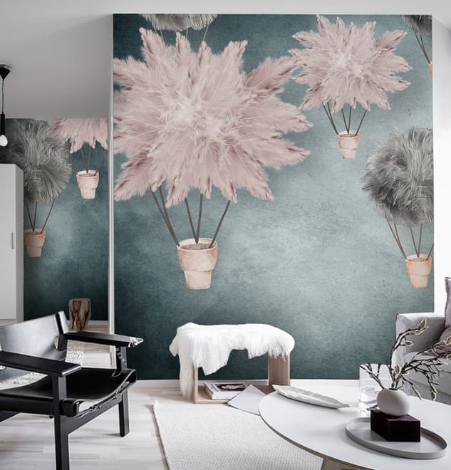 Gray Pink Feather Hot Air Balloon Wallpaper Mural