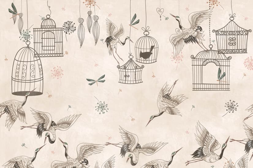 Japanese Crane Birds and Empty Cages Wallpaper Mural