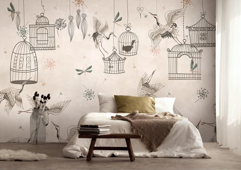 Japanese Crane Birds and Empty Cages Wallpaper Mural