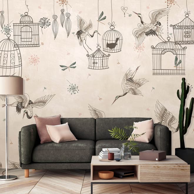 Japanese Crane Birds and Empty Cages Wallpaper Mural