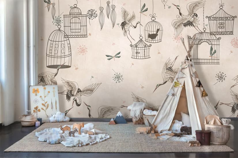 Japanese Crane Birds and Empty Cages Wallpaper Mural