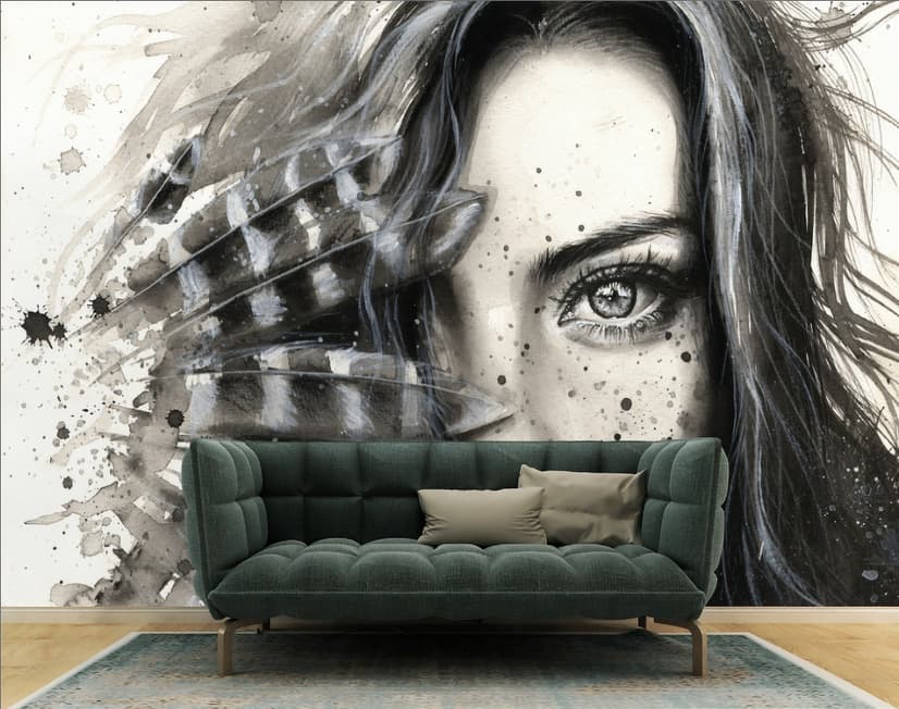 Monochrome Portrait Girl with Black Feathers Wallpaper Mural