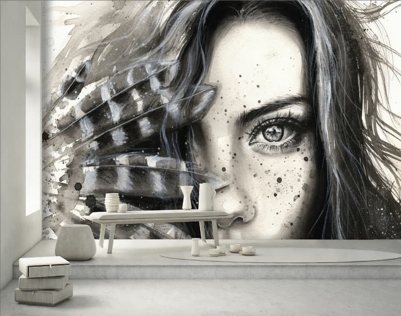 Monochrome Portrait Girl with Black Feathers Wallpaper Mural