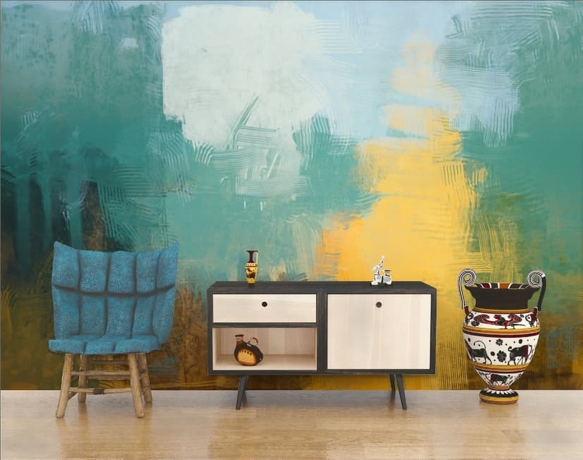 Watercolor Style Green Yellow Abstract Painting Wallpaper Mural
