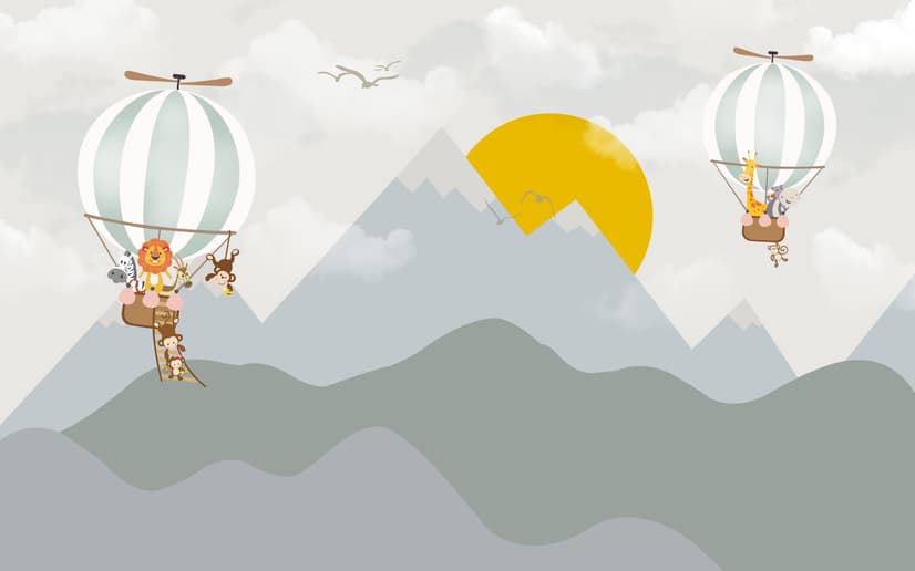 Kids Nursery Mountain Landscape with Hot Air Balloon Wallpaper Mural