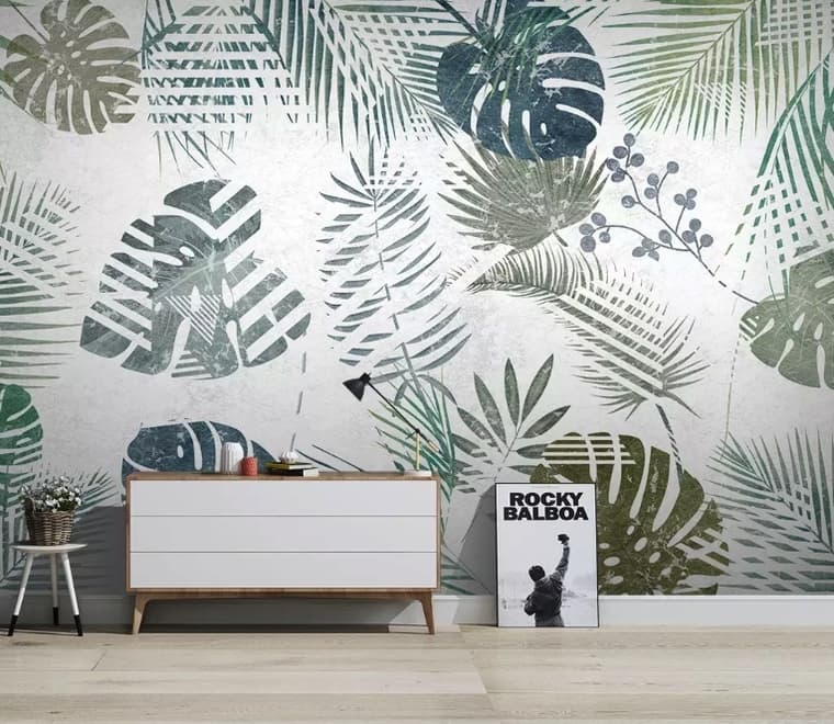 Papier peint panoramique rétro à motif de feuilles tropicales